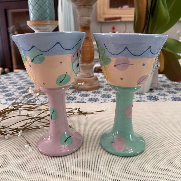 Susan Painter Pottery 2 Pc Handmade Wine Goblets Signed Handpainted “Beachware” - Picture 5 of 10